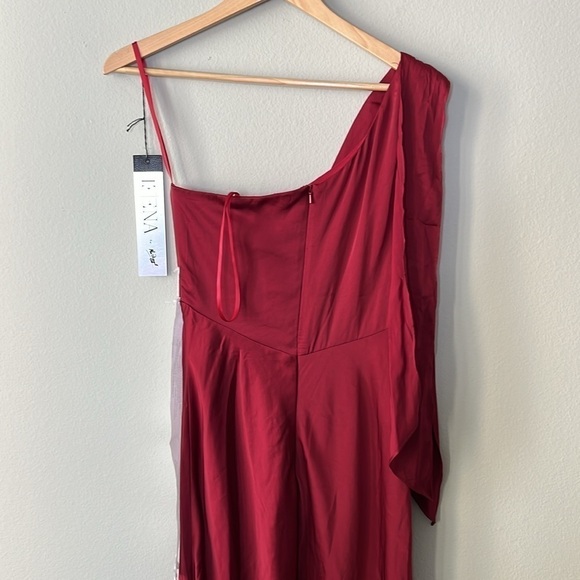 Ieena for Mac Duggal 55387 Satin One Shoulder Midi Dress in Deep Red Size 2 - Picture 5 of 8